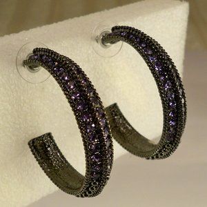 NEW Vintage Real Collectibles by Adrienne Purple Crystals, Black Hoop Earrings